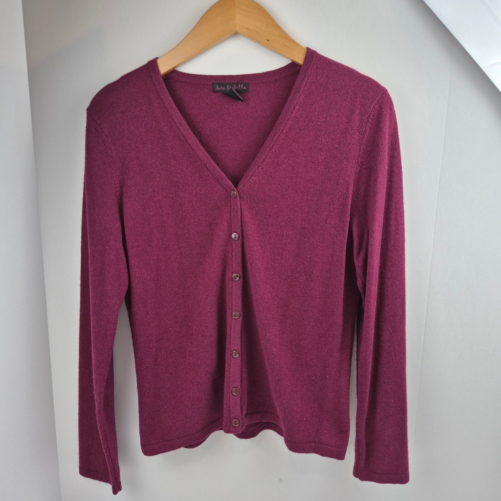 Vtg 90s Sara Isabelle Cashmere Wool Cardigan M Magenta Button Front Sweater